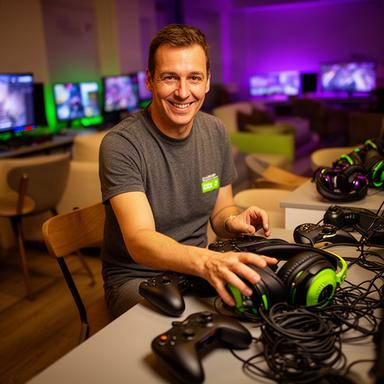 Abinghi Muao arranging controllers and headsets before a local multiplayer game night