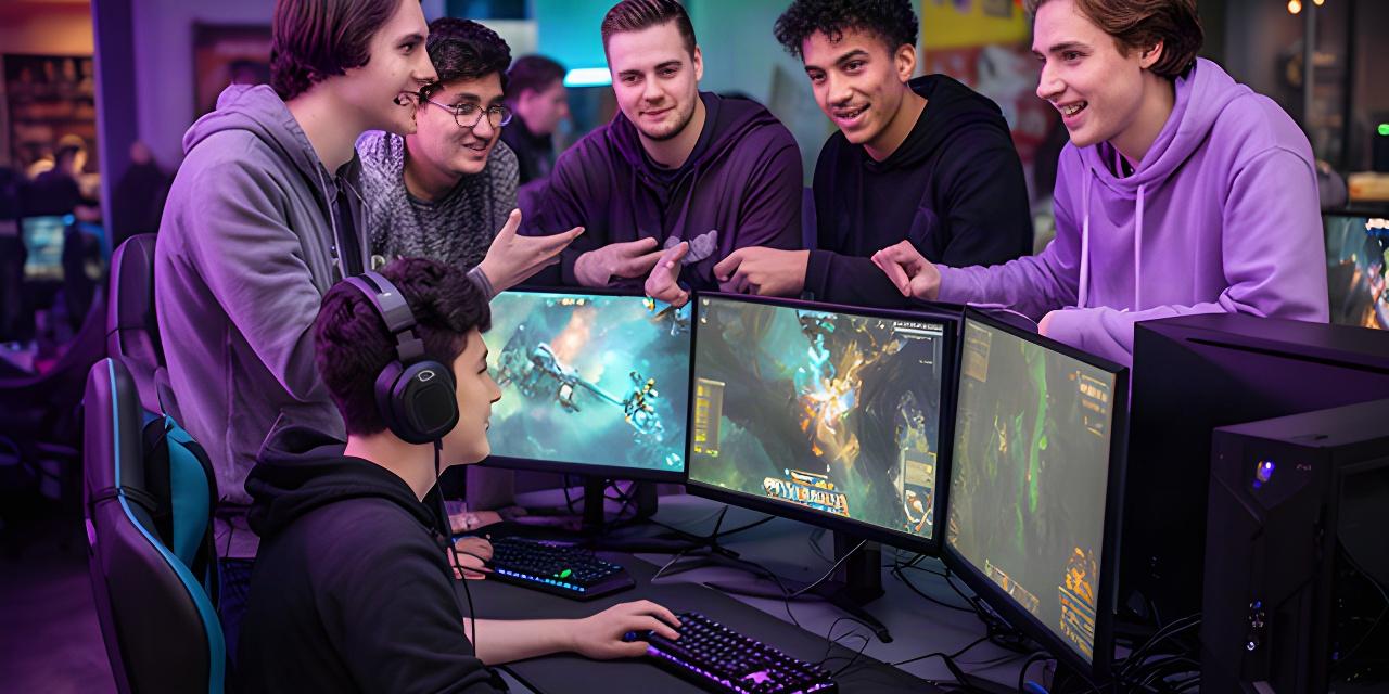 Players at a local gaming venue reviewing a competitive match on monitors between rounds