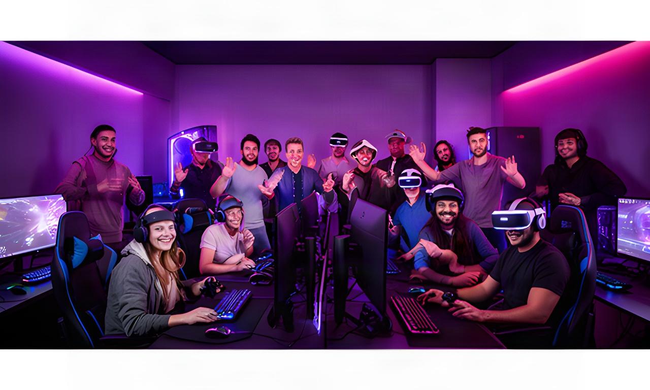 Players gathered around illuminated gaming stations in a welcoming virtual reality and PC gaming lounge